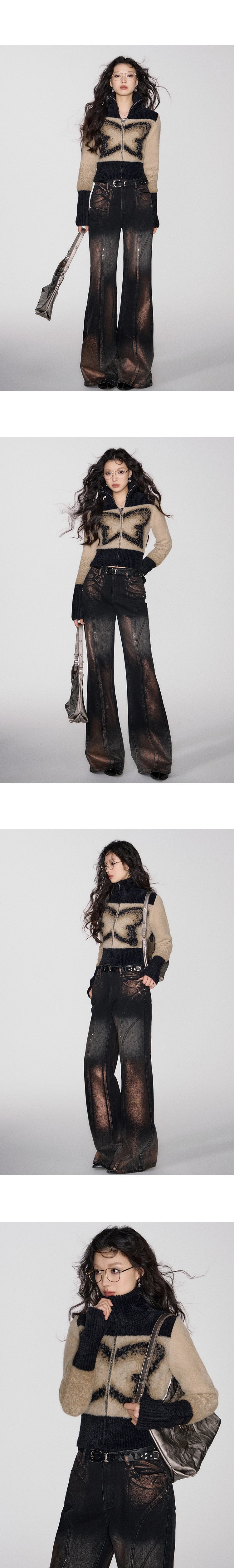 [スポット] OfAkiva「待たない錯覚」模倣ミンク蝶影ニットショートコートレディース冬の暖かいジャケット