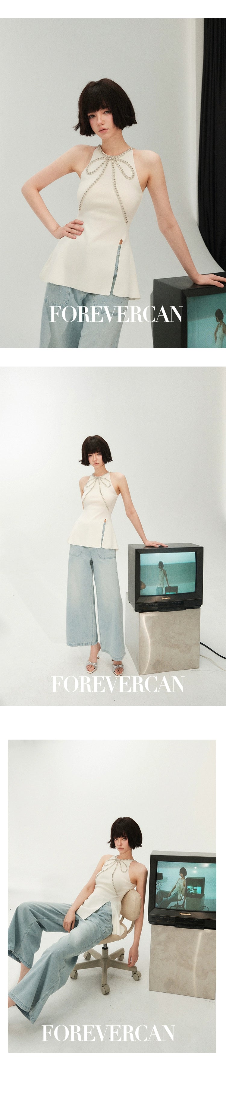 フォーエバーカン レディース サマー 2024 ニュー フローティング セナ プレミアム テンペラメント サスペンドロン ホルターネック スリット トップス