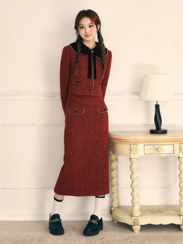 Tweed Small Fragrance Black Velvet Long Skirt