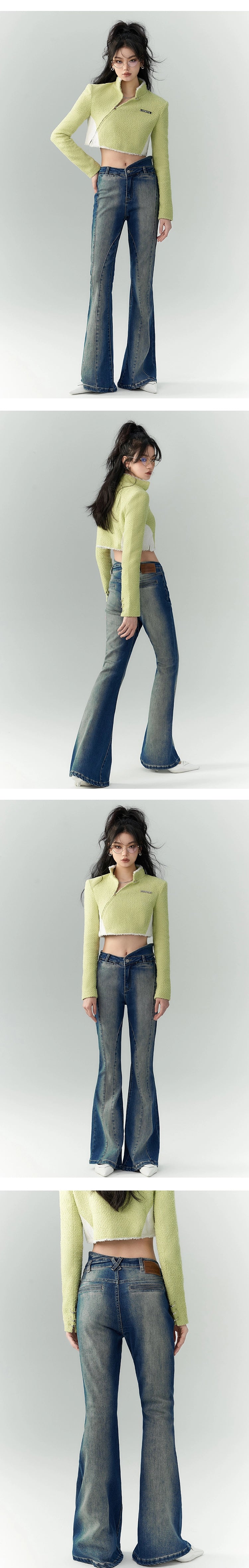 [スポット] のアキバベイビー非対称ウエストラインジーンズ女性秋ハイウエストスキニーフレアパンツ