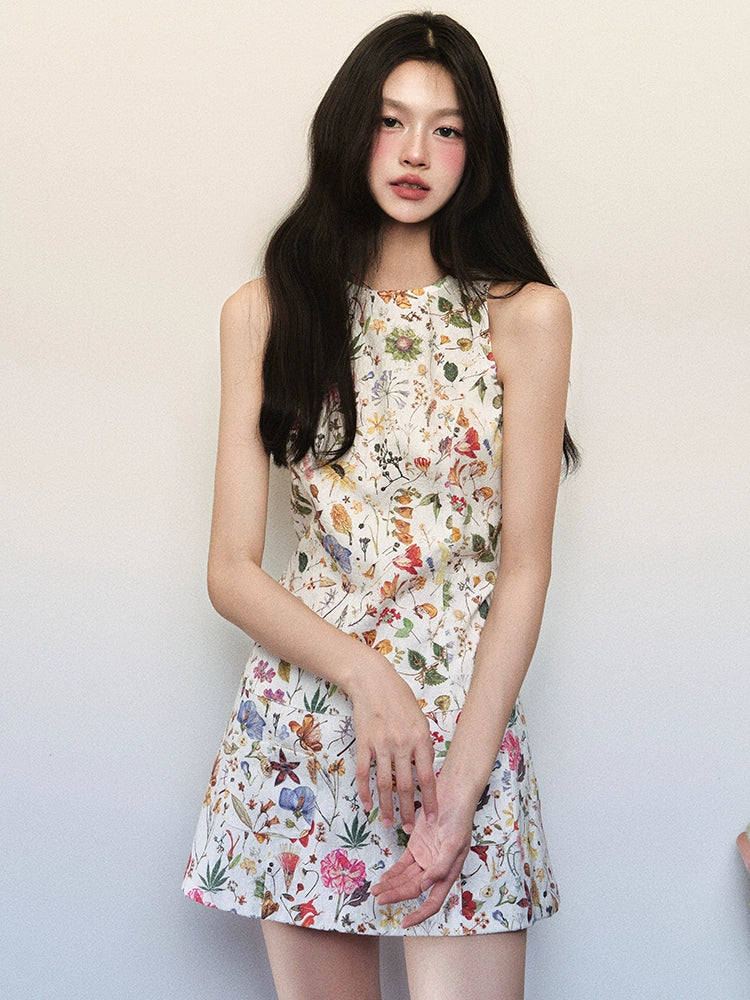 White Textured Floral Pattern Sleeveless Dress