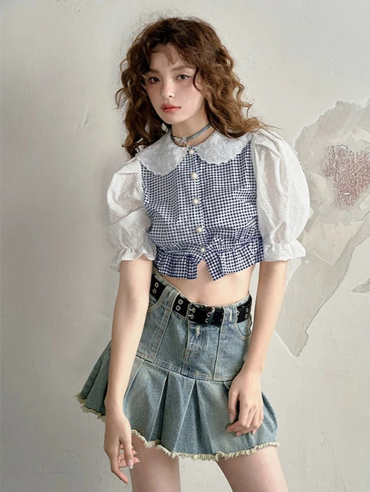 Stitched puff sleeve plaid short sleeve shirt