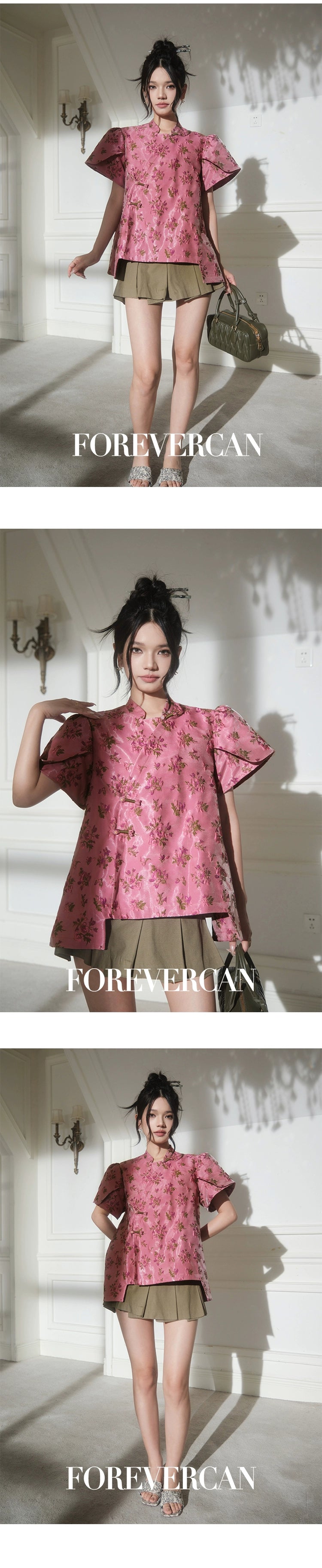フォーエバーカンレディースサマー2024新しい中国スタイル新しい中国スタイルの高級気質パフスリーブ前立てトップス