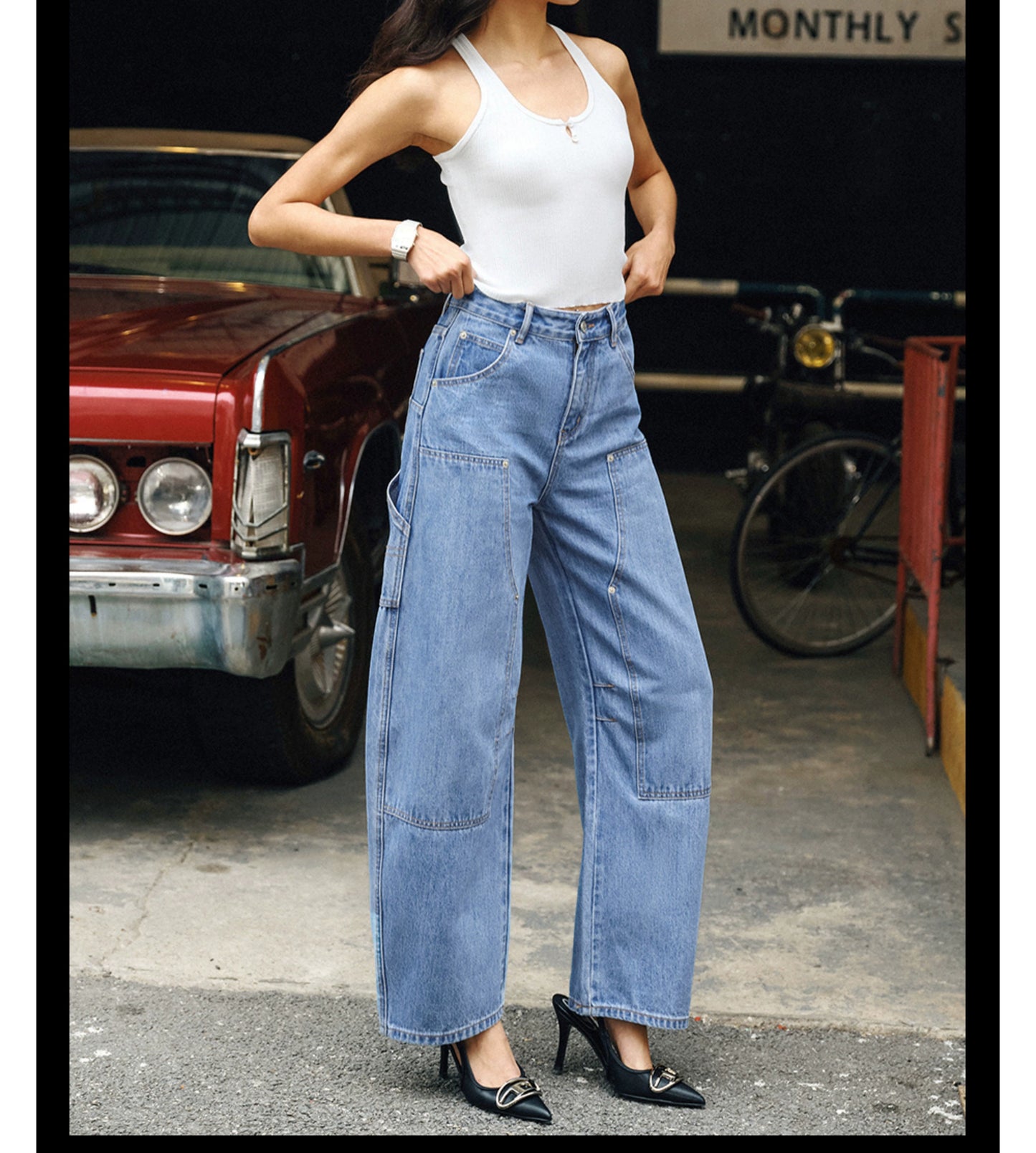 TR彼女のホットマチェーテパンツウォッシュドブルーデニムパンツワイドレッグカジュアルスポーツカットラスパンツ