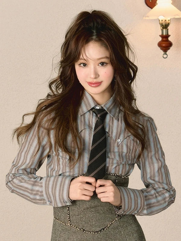 Vintage striped slim-niche design long sleeve shirt