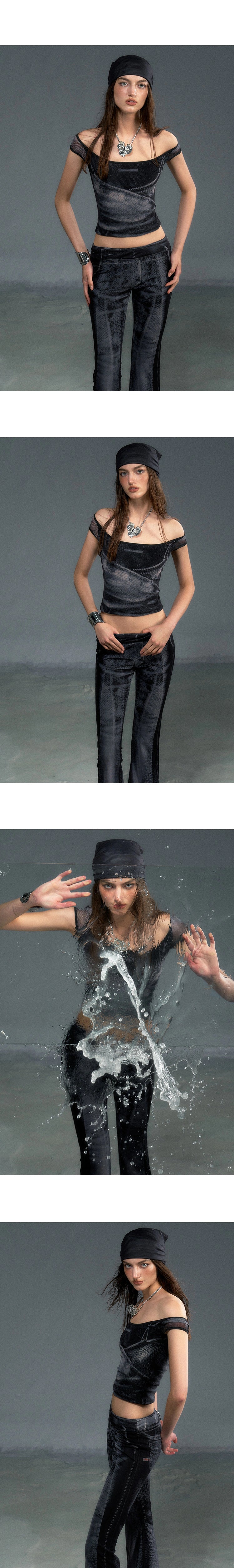 [スポット] OfAkiva「マルチマスタリー」デニムプリントアイスメッシュ通気性ストレッチファッションセット