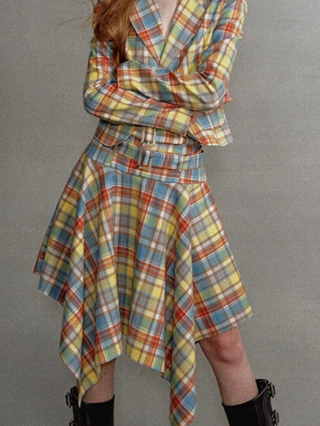 Vintage Yellow and Blue Check Waist Clinched Buckle Irregular Skirt