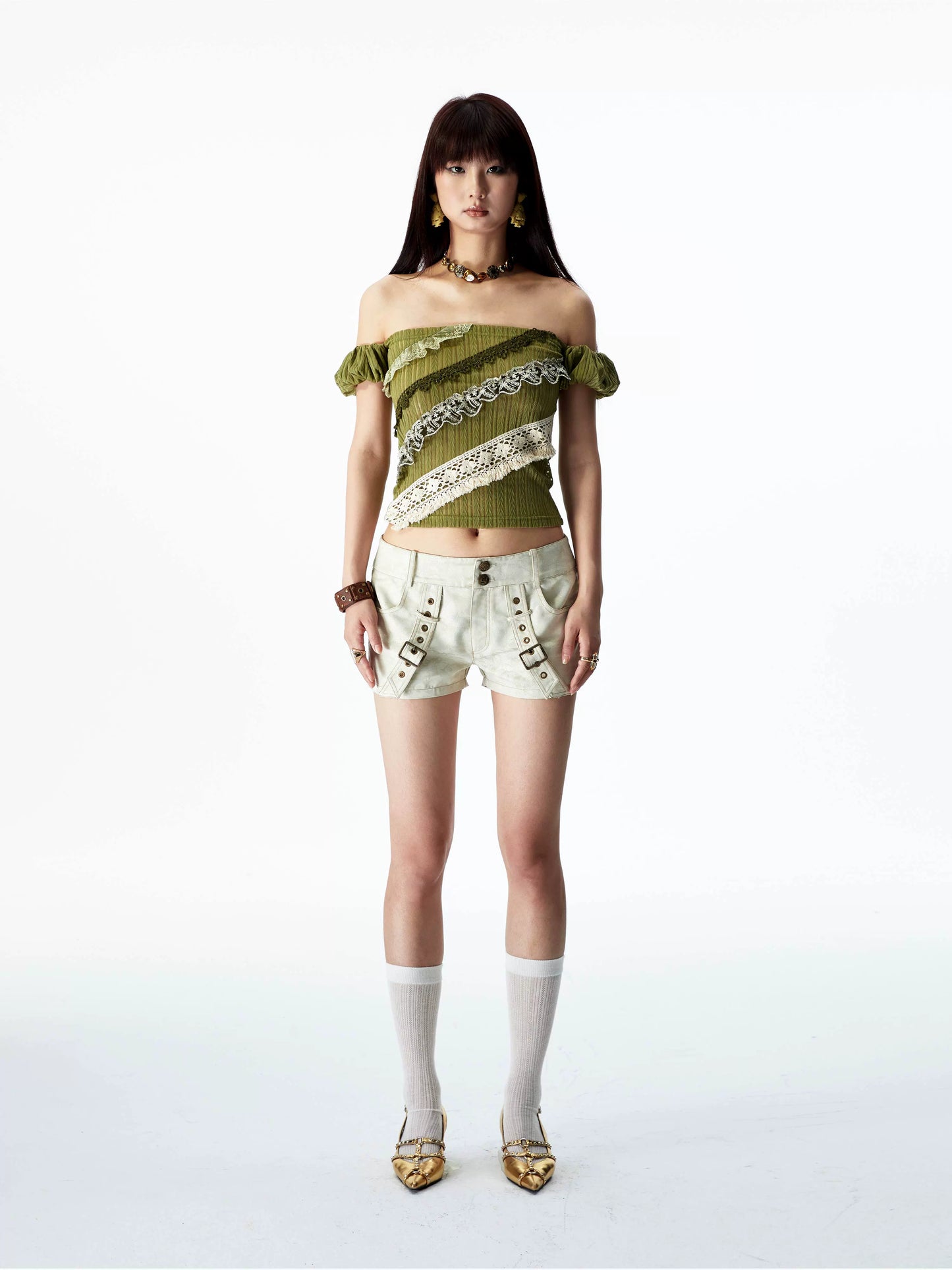 YOSHUYUKI オリジナルデザイン シダーグリーンストレッチニット ビンテージレース ストレートショルダー バンドゥ 半袖