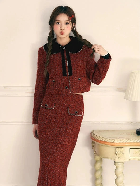 Tweed Small Fragrance Black Velvet Long Skirt