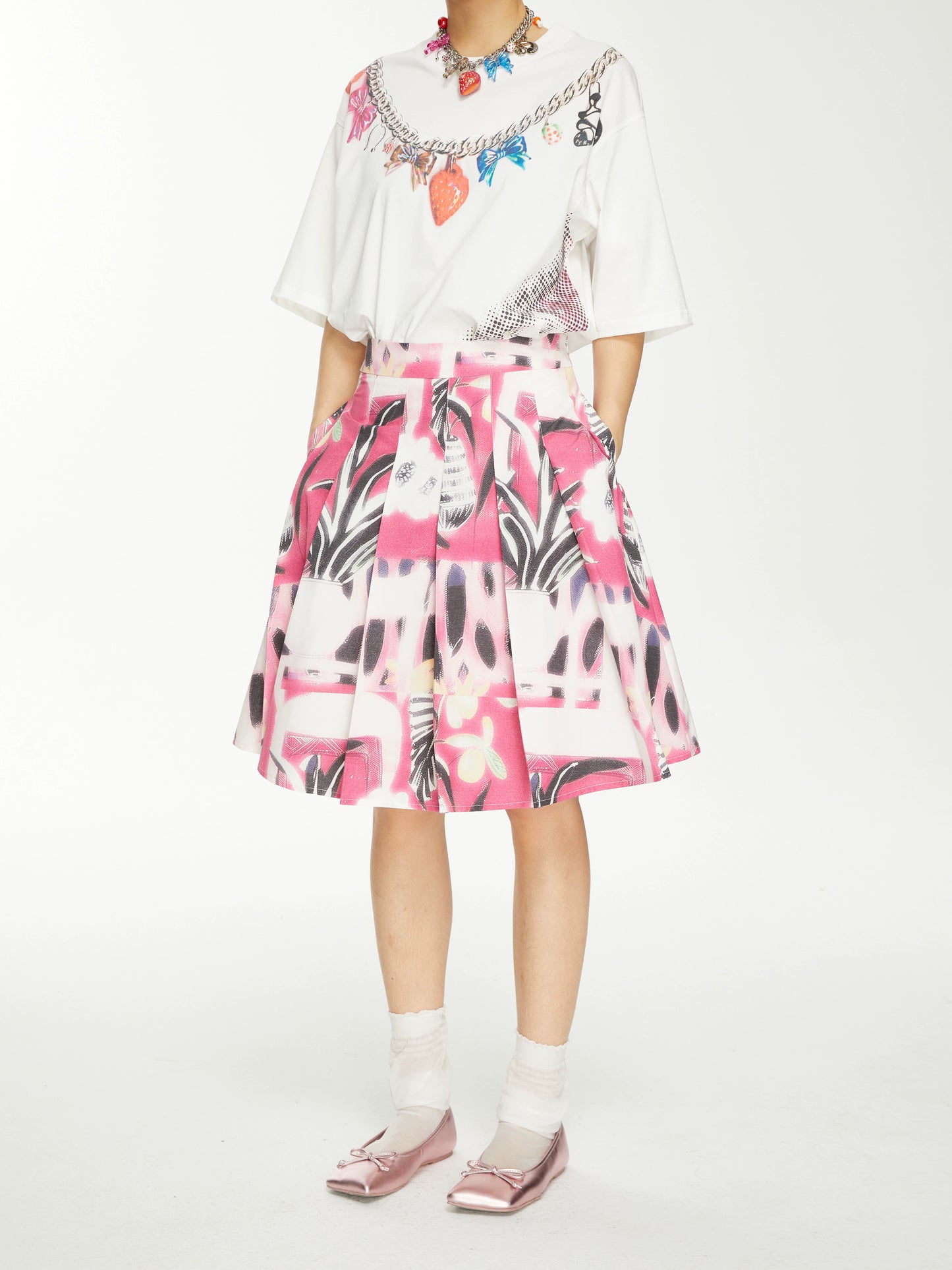 YSYKピンク花柄ピクトリアルパターンスカートスカート