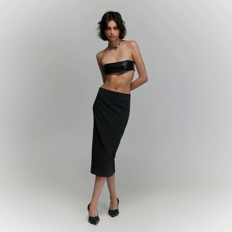 SansFrontieresグレーストライプスカートグレーファッショナブルなオーバーザニースーツスカート