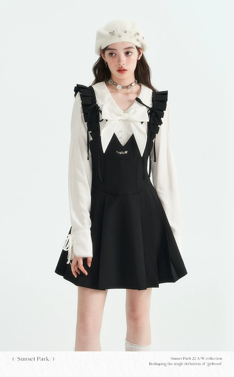 SunsetPark "Night Moon Iris" ブラック スリムウエストストラップ プリーツスカート