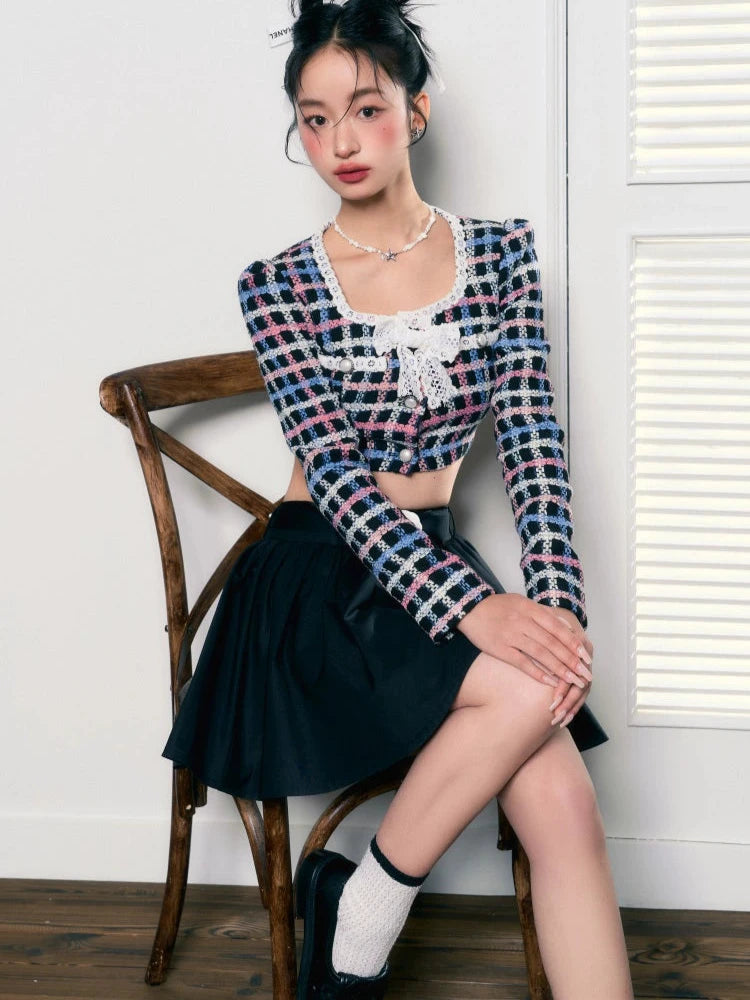 Small Fragrance Square Neck Bow Short Skirt