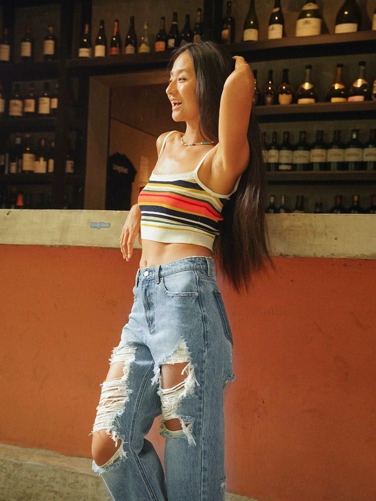 TR彼女ホット渋谷ベイブスライトブルーウォッシュ破れたパンツミッドライズストレート薄いベイビーパンツジーンズ