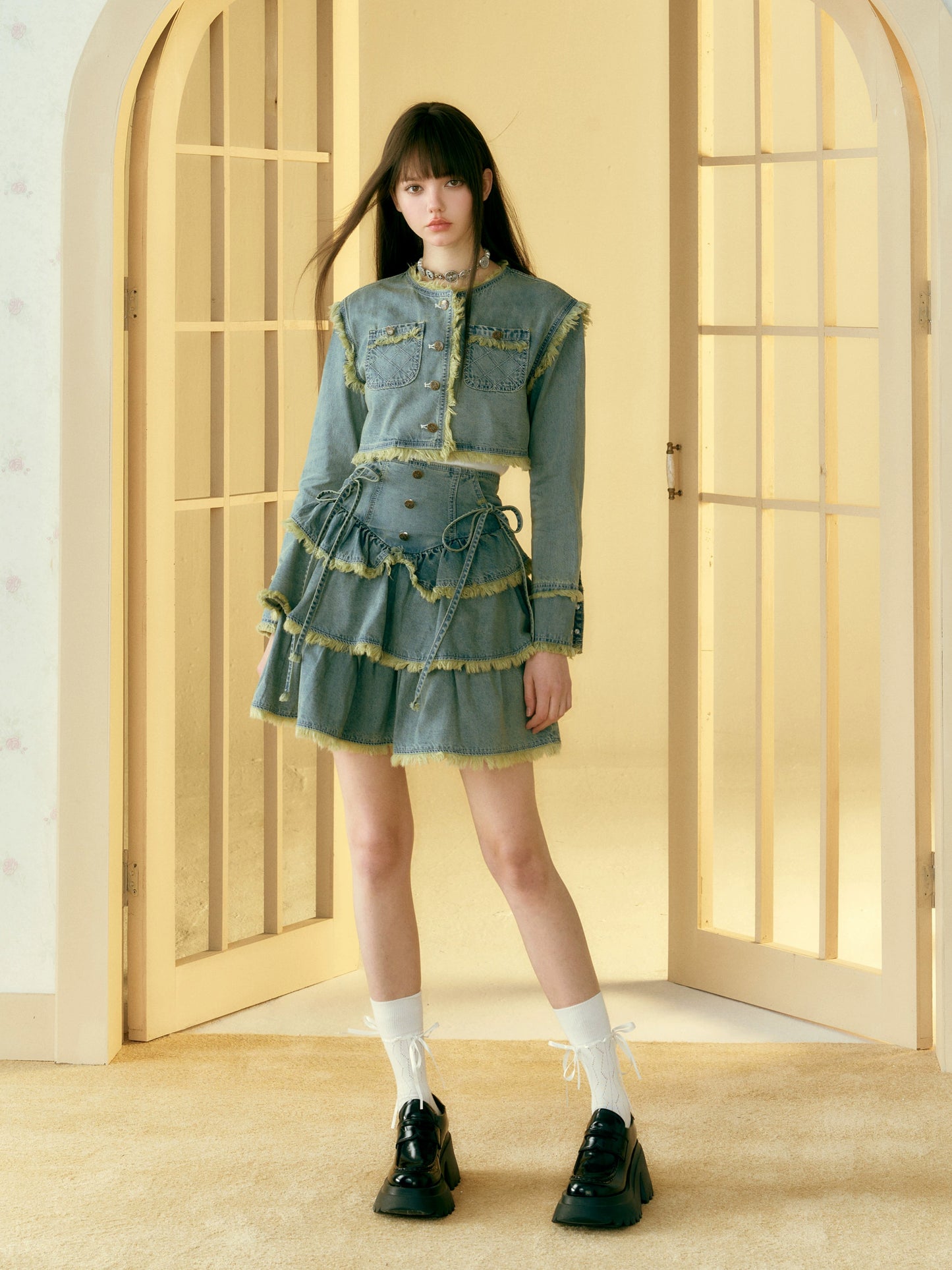 [Ju Jingyiと同じ段落] サンセットパークサンセットパークヴィンテージデニムローエッジスモールフレグランスジャケットケーキドレス