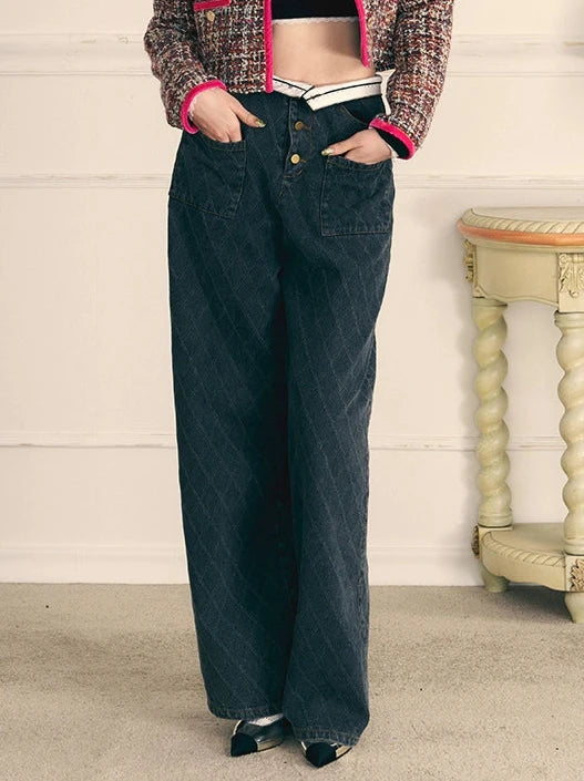 Retro quilted wide-leg straight mop denim