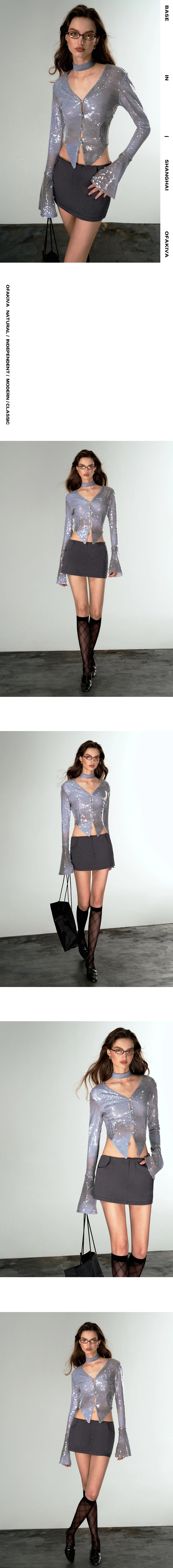 [スポット] OfAkiva「アイスランドダイヤモンド」低満腹ブルースパンコールシャツレディース秋Vネックフレアスリーブシャツ