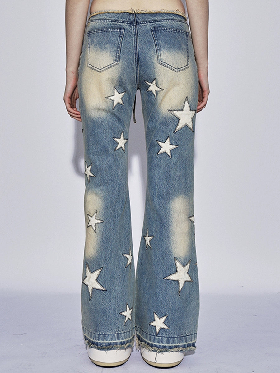 フェイ・チュイ・アメリカン・ベイブス・スターパネル・ウォッシュド・ディストレスド・ルーズエッジ・デザイン・マイクロ・フレア・ローライズ・ジーンズ