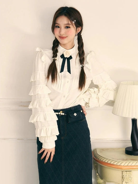 White Ruffle Long Sleeve Bow Knit