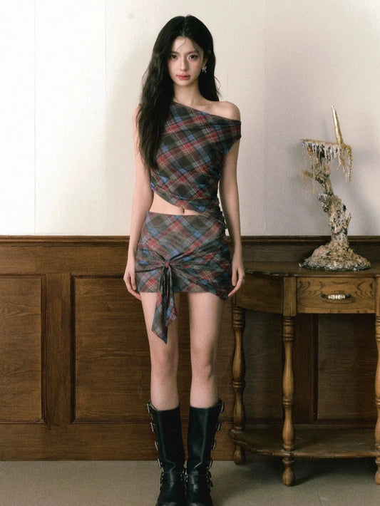 Original Design Vintage Red & Blue Check Mesh  Wrap Hip Skirt