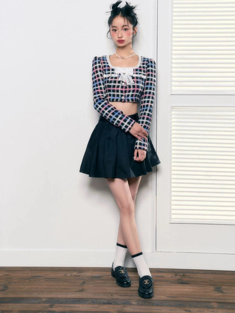 Small Fragrance Square Neck Bow Short Skirt