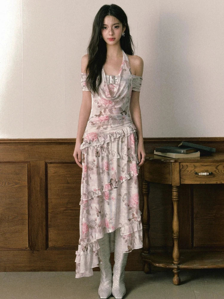Rose Butterfly Print Asymmetrical One Shoulder Halter Neck Dress
