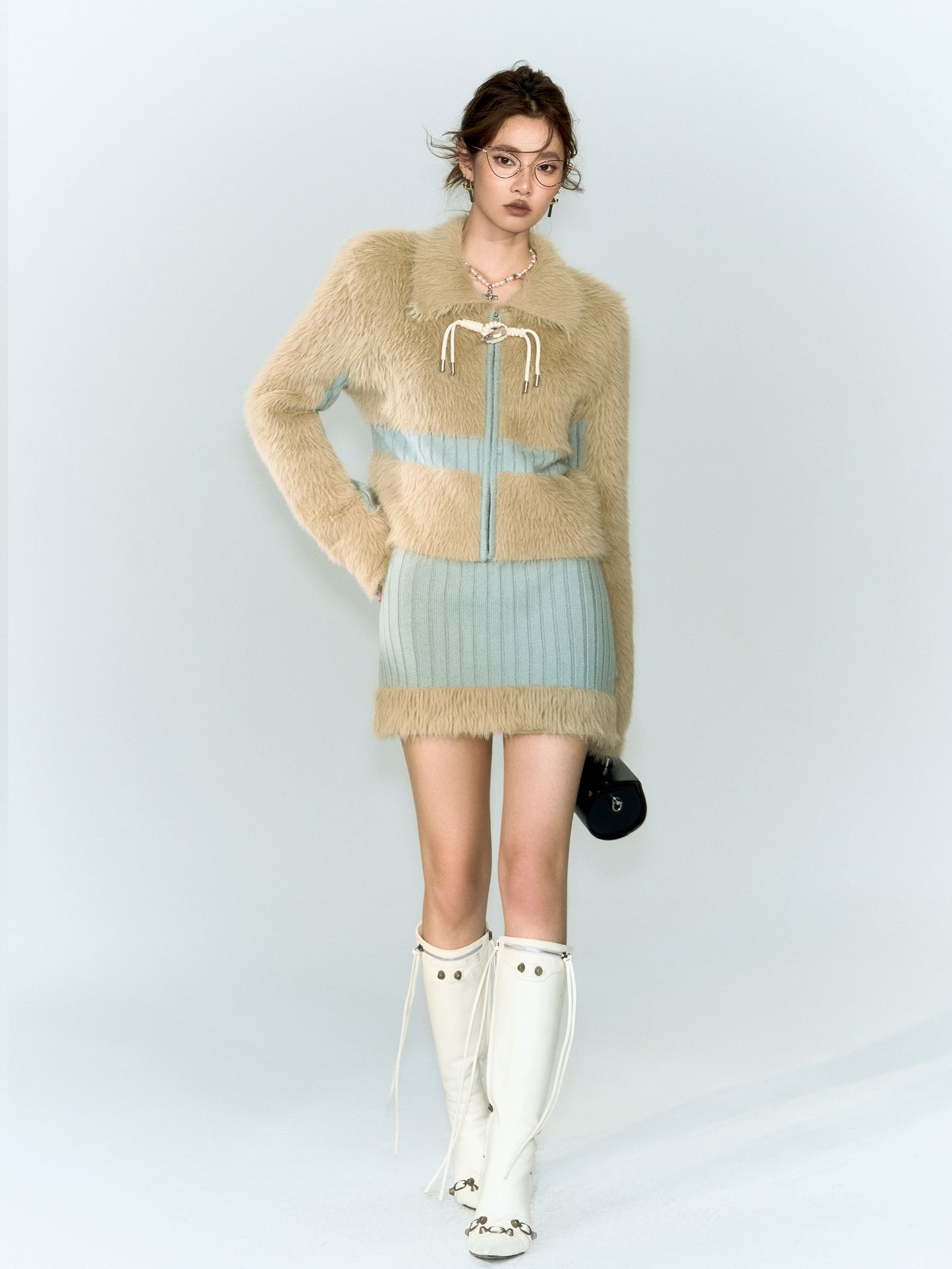 [スポット] OfAkiva「スプライシングその他」フェイクミンクニットパッチワークウィンターコートスカートスーツレディース