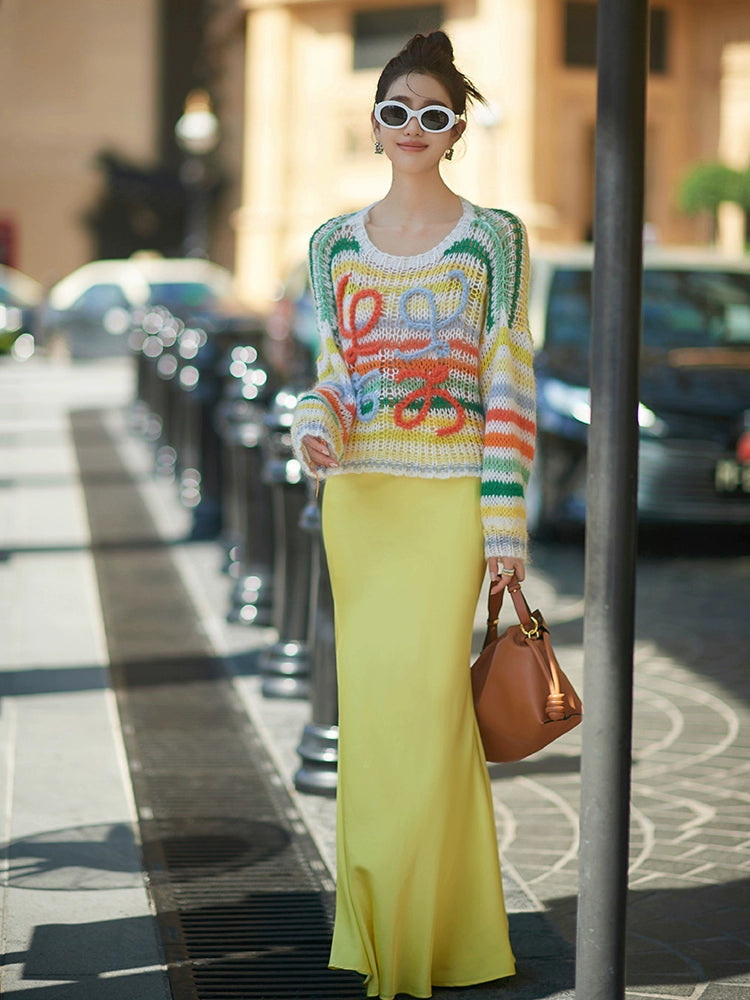 フォーエバーカンレディース春新しいレインボーパレットトップ気質有名人スタイル手作り多用途ニットウェア