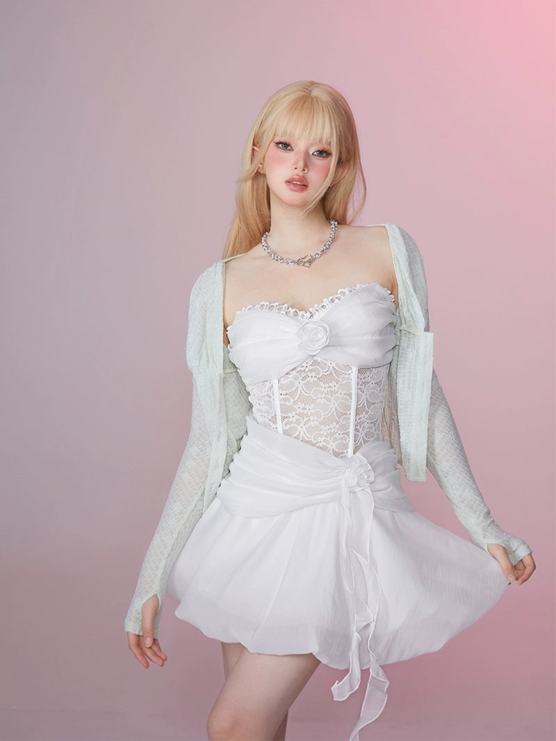 GirlyFancyClub白鳥の湖の物語のプリンセスレースヘリンボーン締めウエストパフメッシュバンドゥドレス