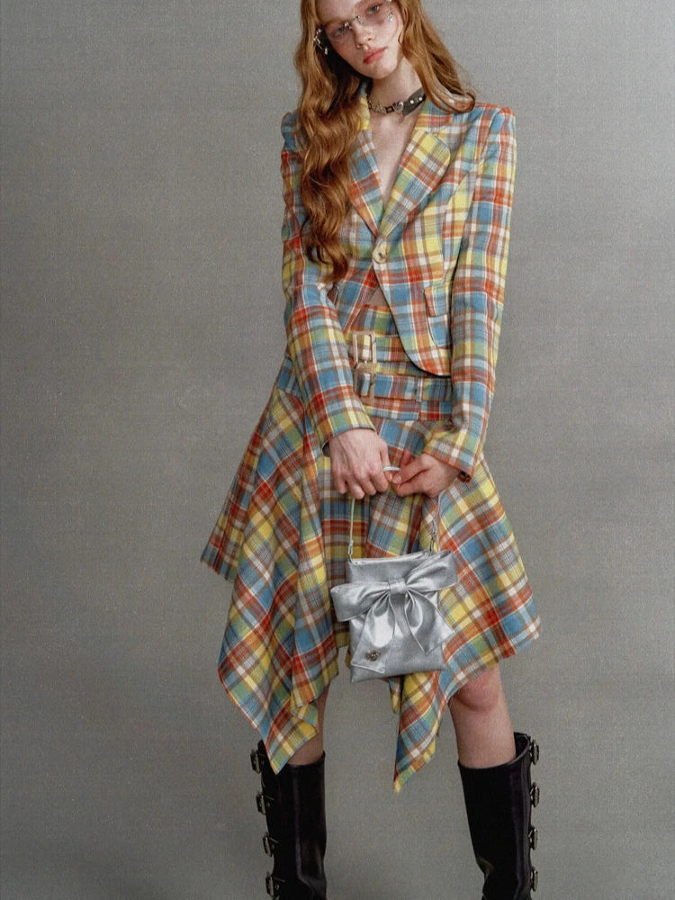 Vintage Yellow and Blue Check Waist Clinched Buckle Irregular Skirt