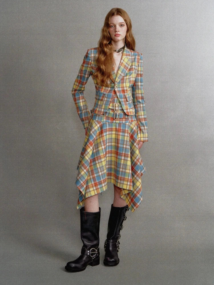 Vintage Yellow and Blue Check Waist Clinched Buckle Irregular Skirt