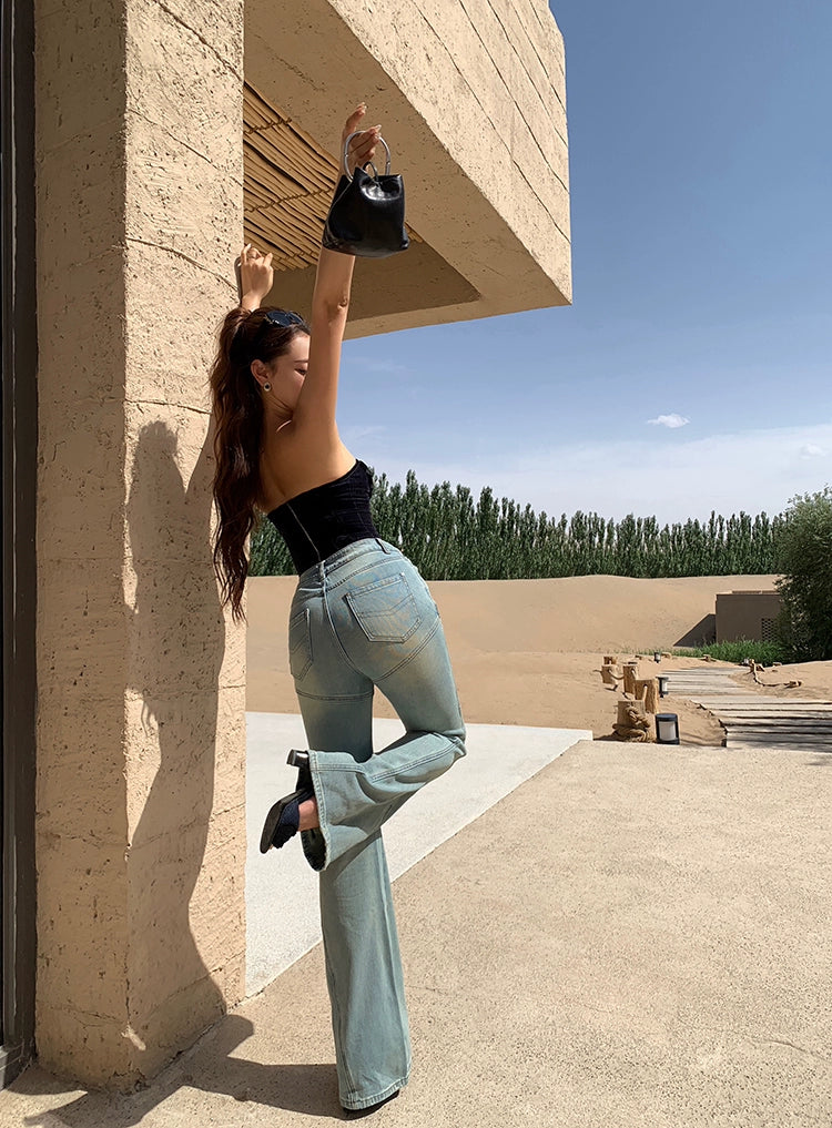 Xiaoliweiフレアストレートレッグワイドレッグジーンズ、夏の細いデザイン、レトロなスリムパンツ