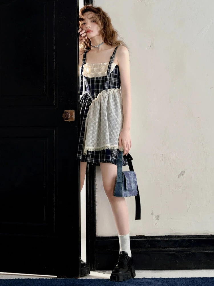 Vintage Check Stitch Slip Luxury Lace College Dress