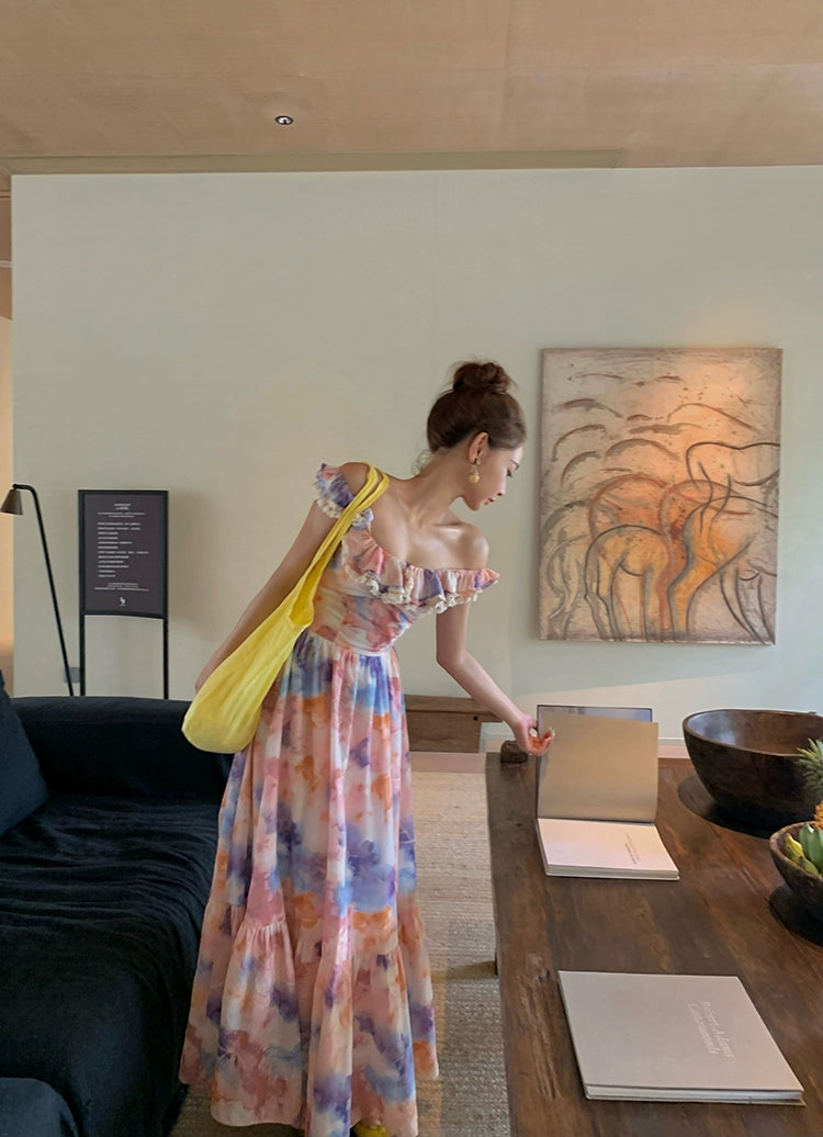 Xiaoli XIAOLIペン画春スクエアネック花柄ドレスロングドレスChardopamineは茶休憩フランスのプリンセスドレスを着ています