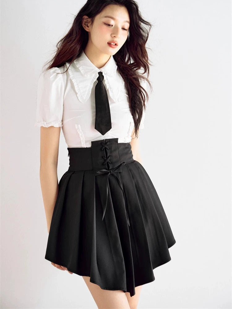Tie Waist Bow V-Shape Hem Pleated Skirt