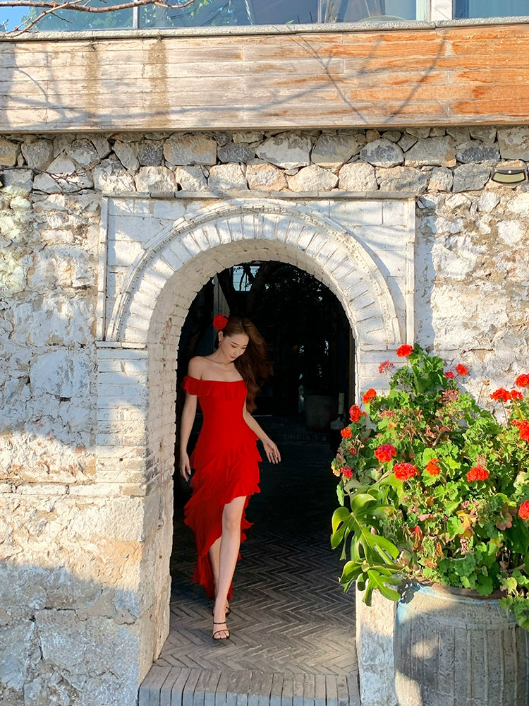 リトルコーラルテンセルウールレッドワンショルダードレス夏ニッチデザインフリルロングスカート