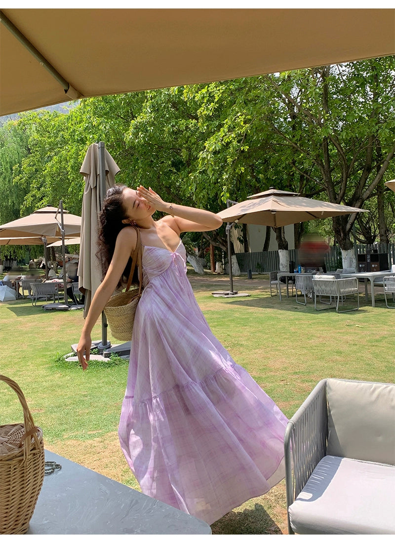 シャオリヒヤシンス、パープルミント、マンボ、Vネックホルタースリップドレス、チャドパミンリゾートドレス