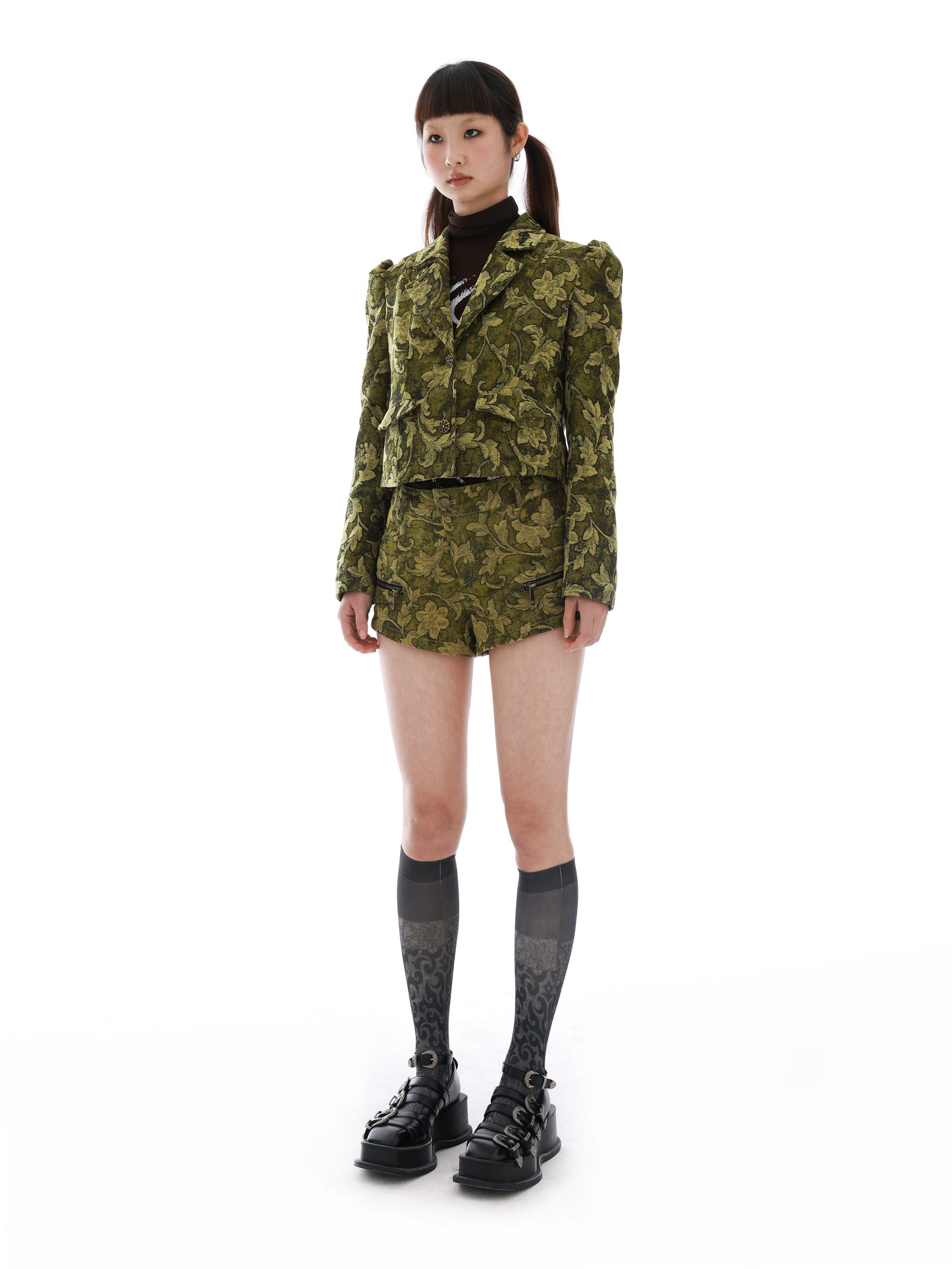 YOSHUYUKIオリジナルデザイン杉グリーンシェニールジャカード生地レトロな新しい中国のスーツ