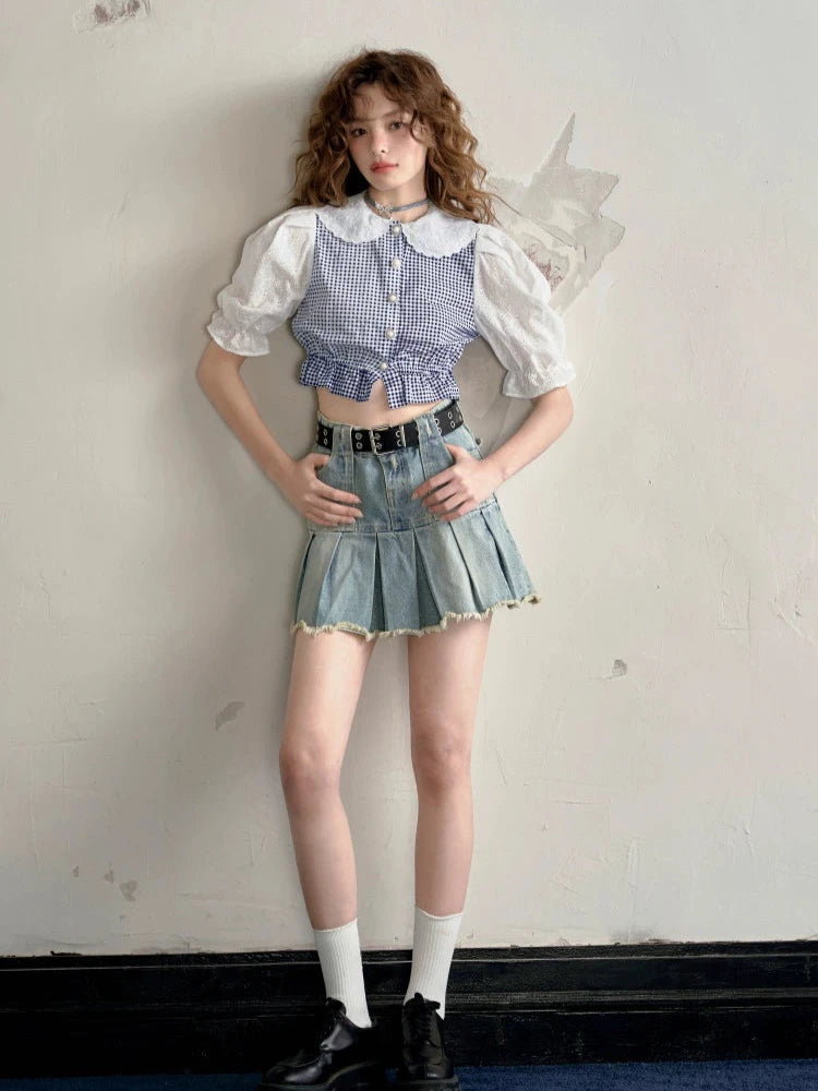 Stitched puff sleeve plaid short sleeve shirt