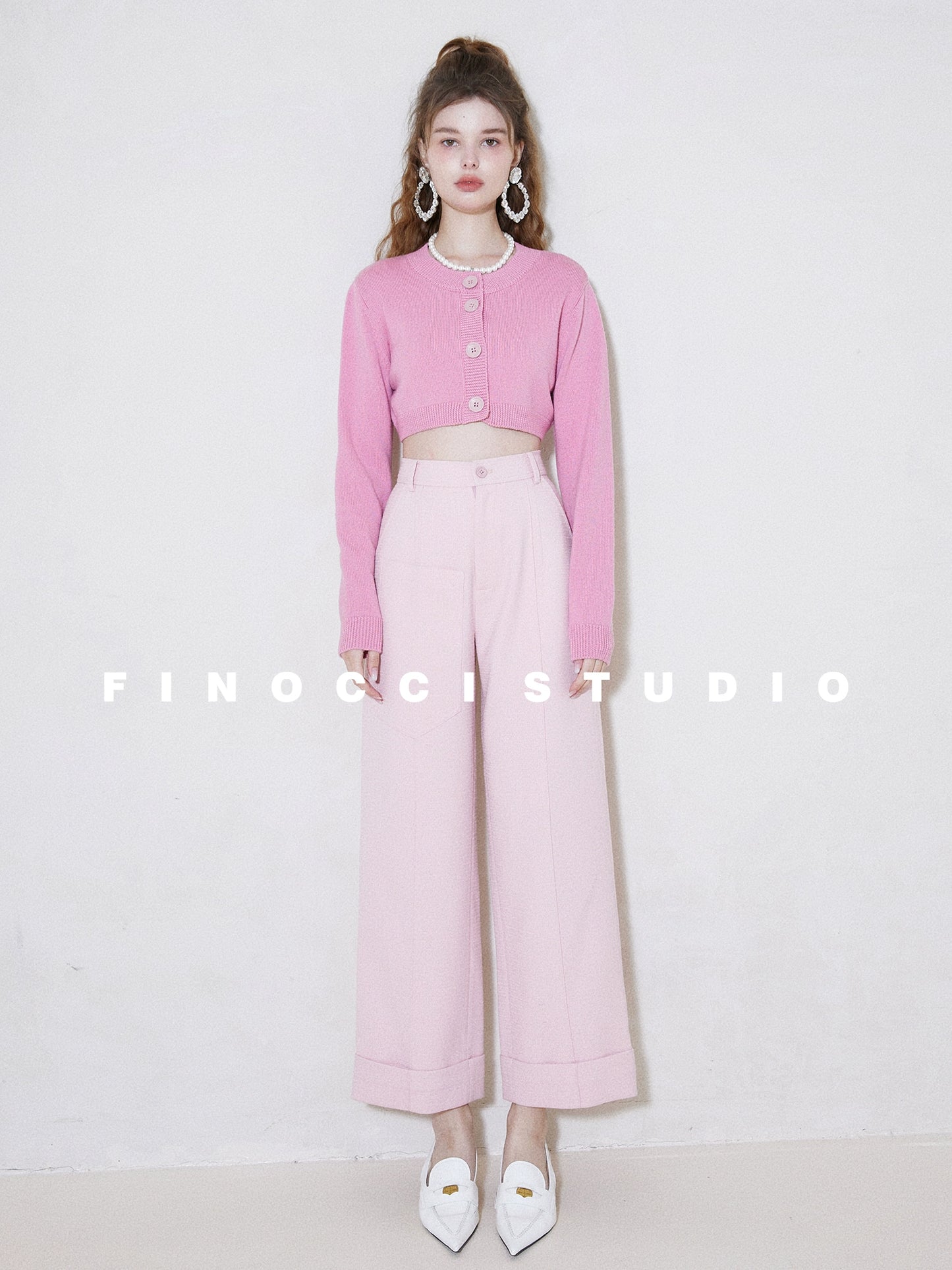 FINOCCI春の新しい照明春のワードローブゴッドパンツカラースピニング染め桜ピンクハイウエストカジュアルワイドレッグパンツ