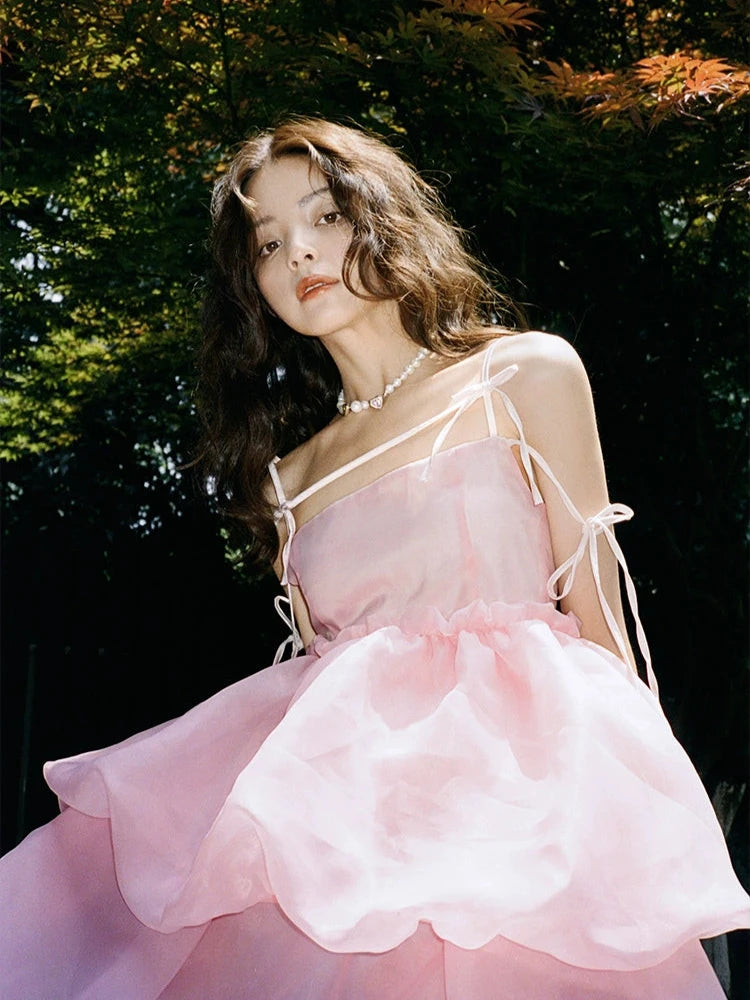 Slip Bow Organza Bud Sleeveless Dress