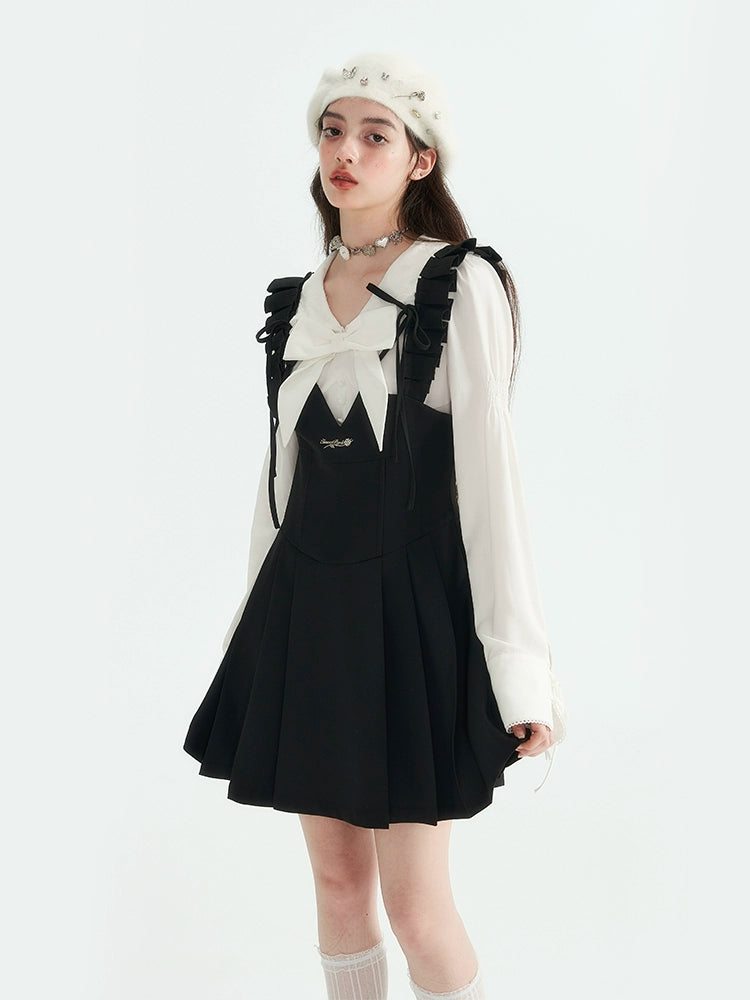 SunsetPark "Night Moon Iris" ブラック スリムウエストストラップ プリーツスカート