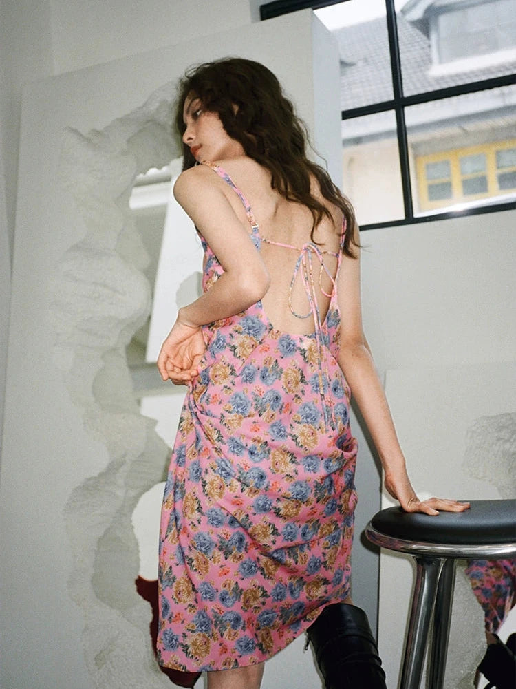 Retro Flower Straight Neckline Slip Backless Dress
