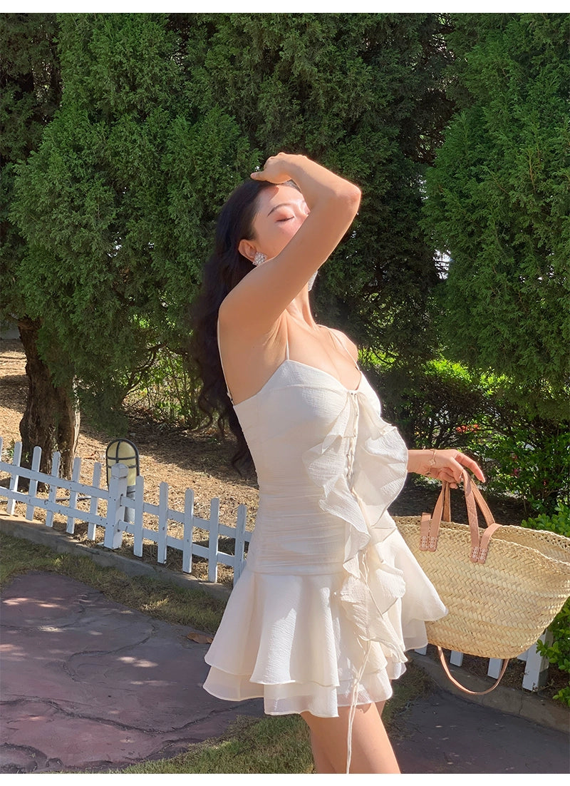 シャオリ赤と白のバラVネックスリップドレス夏のドーパミン小さな湯たんぱいウエスト締めAラインスカート