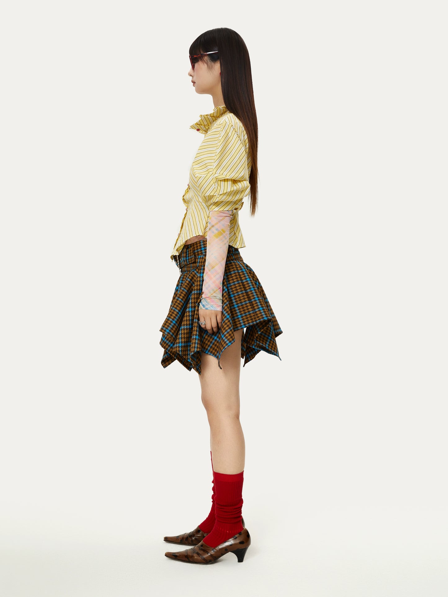 YOSHUYUKI「フリースピリット」レトロパンクコントラストチェックワイドウエストバンドデザイン不規則な裾スカート