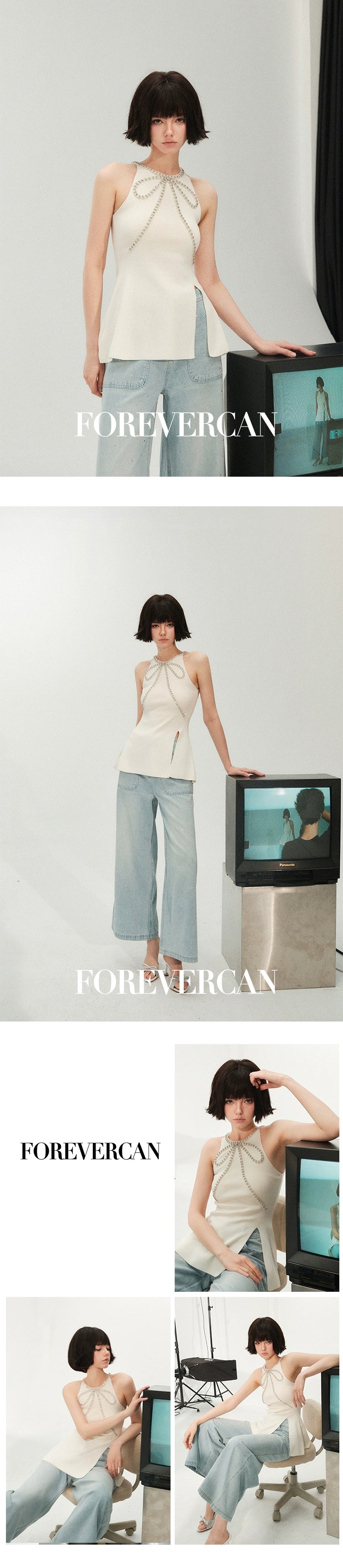 フォーエバーカン レディース サマー 2024 ニュー フローティング セナ プレミアム テンペラメント サスペンドロン ホルターネック スリット トップス