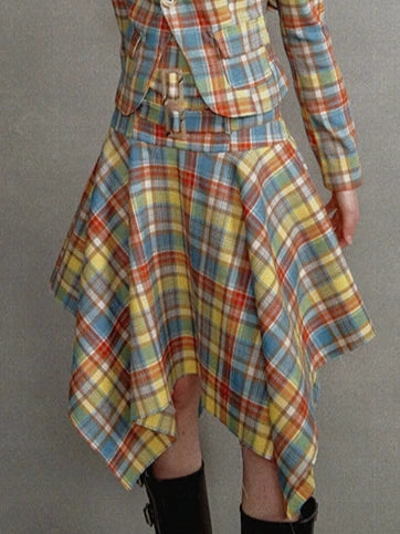Vintage Yellow and Blue Check Waist Clinched Buckle Irregular Skirt