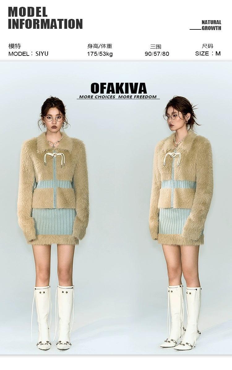 [スポット] OfAkiva「スプライシングその他」フェイクミンクニットパッチワークウィンターコートスカートスーツレディース