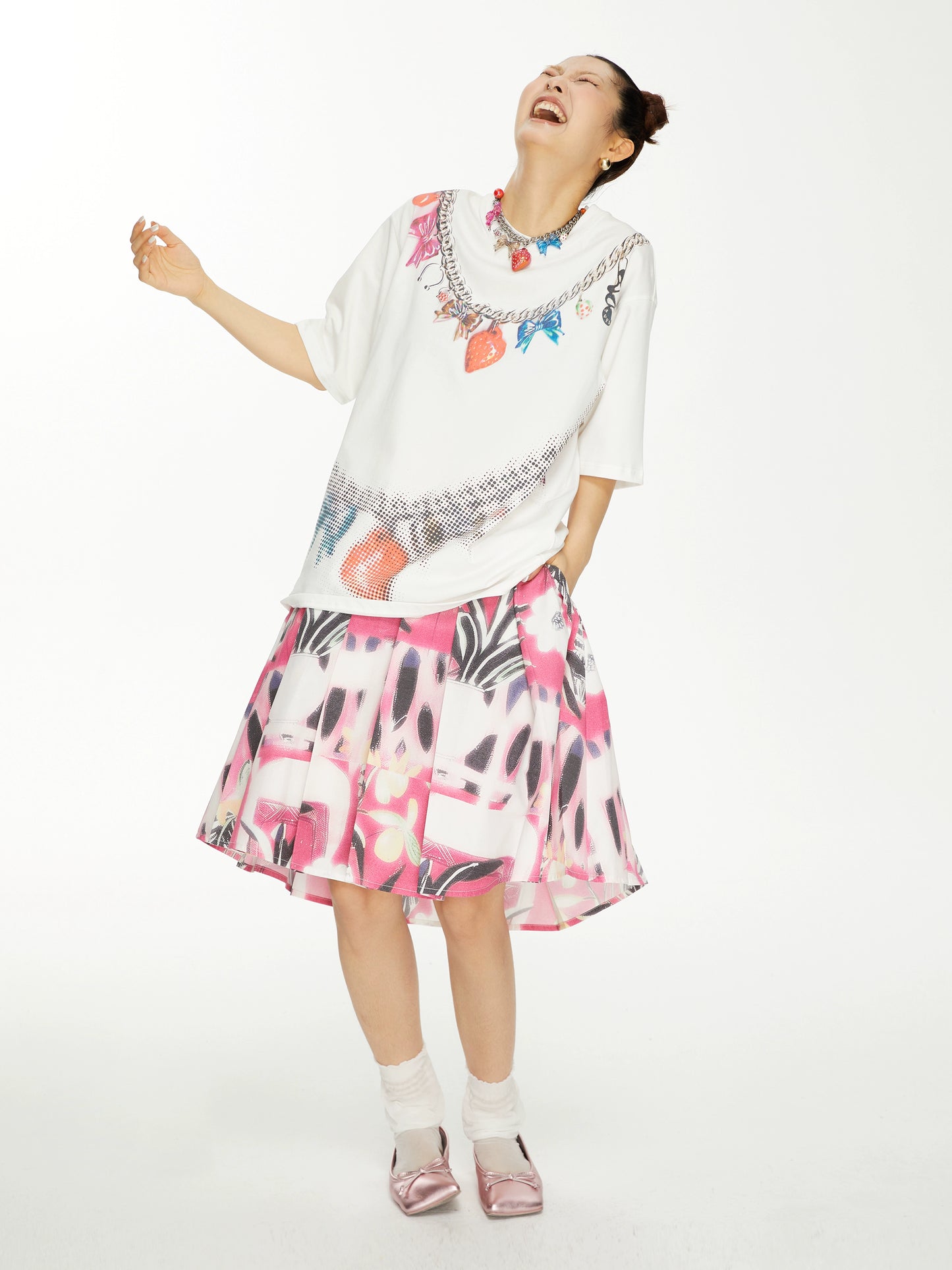 YSYKピンク花柄ピクトリアルパターンスカートスカート