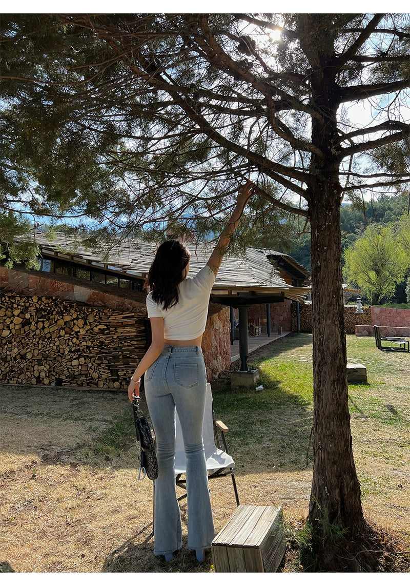 Xiaoli chopsticks essence 2.0 light color、ハイウエスト、ストレート、slightly フレアジーンズ、スプリングドレス、スリム、スキニーパンツ